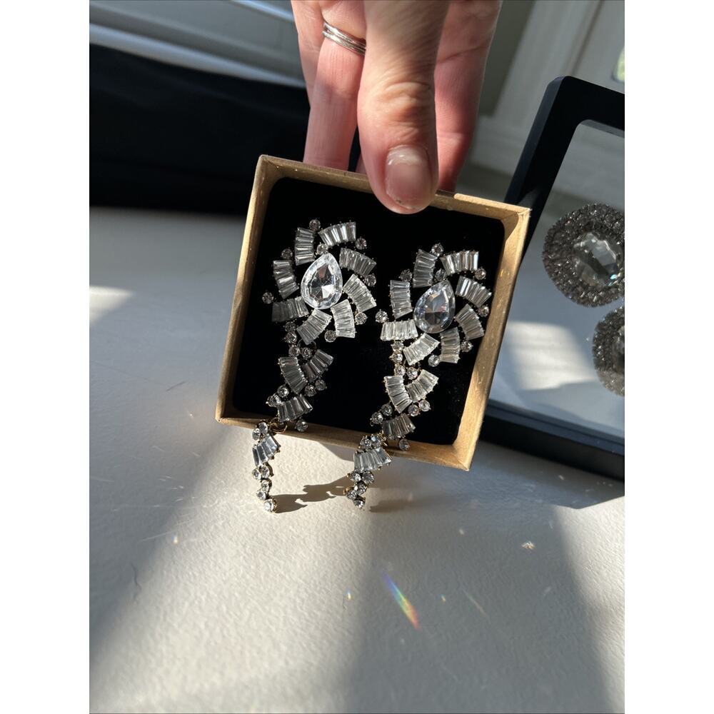Pageant Prom Earrings Large Rhinestone Crystal Silver Clear Lot Drag Chandelier - Picture 5 of 13